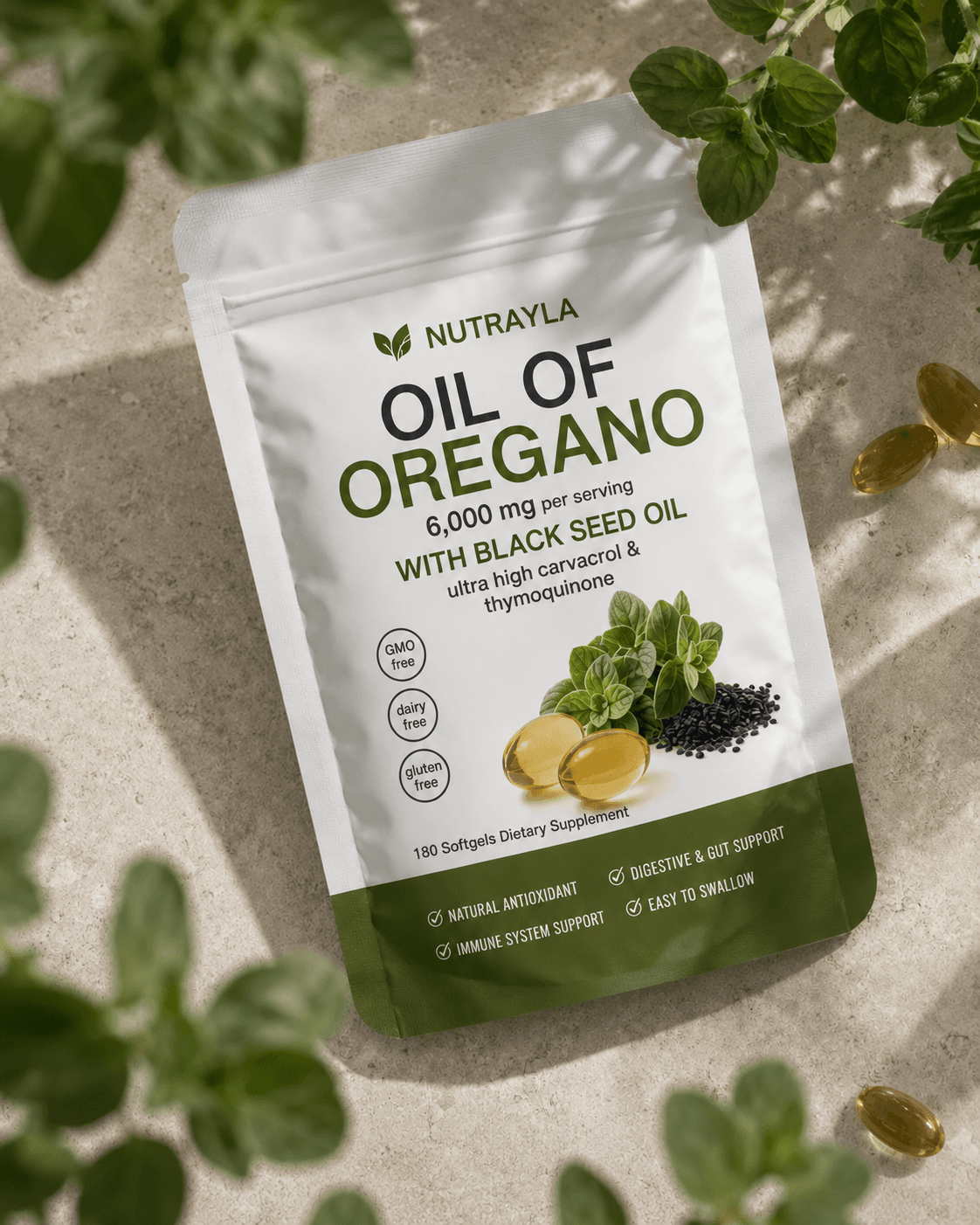NUTRAYLA Oil of Oregano pouch with oregano leaves and golden softgels on a stone surface