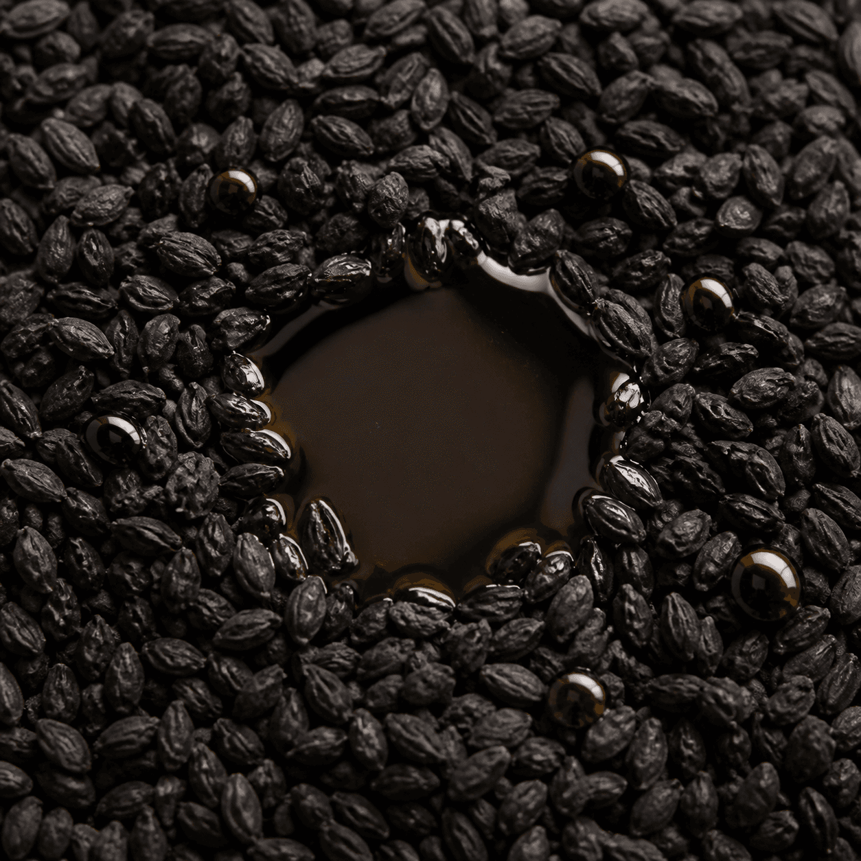 Nigella sativa seeds surrounding a pool of black seed oil