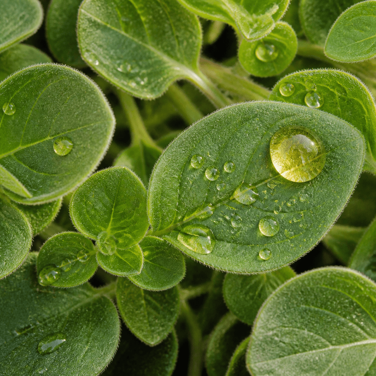 Fresh oregano leaves with golden essential oil droplets