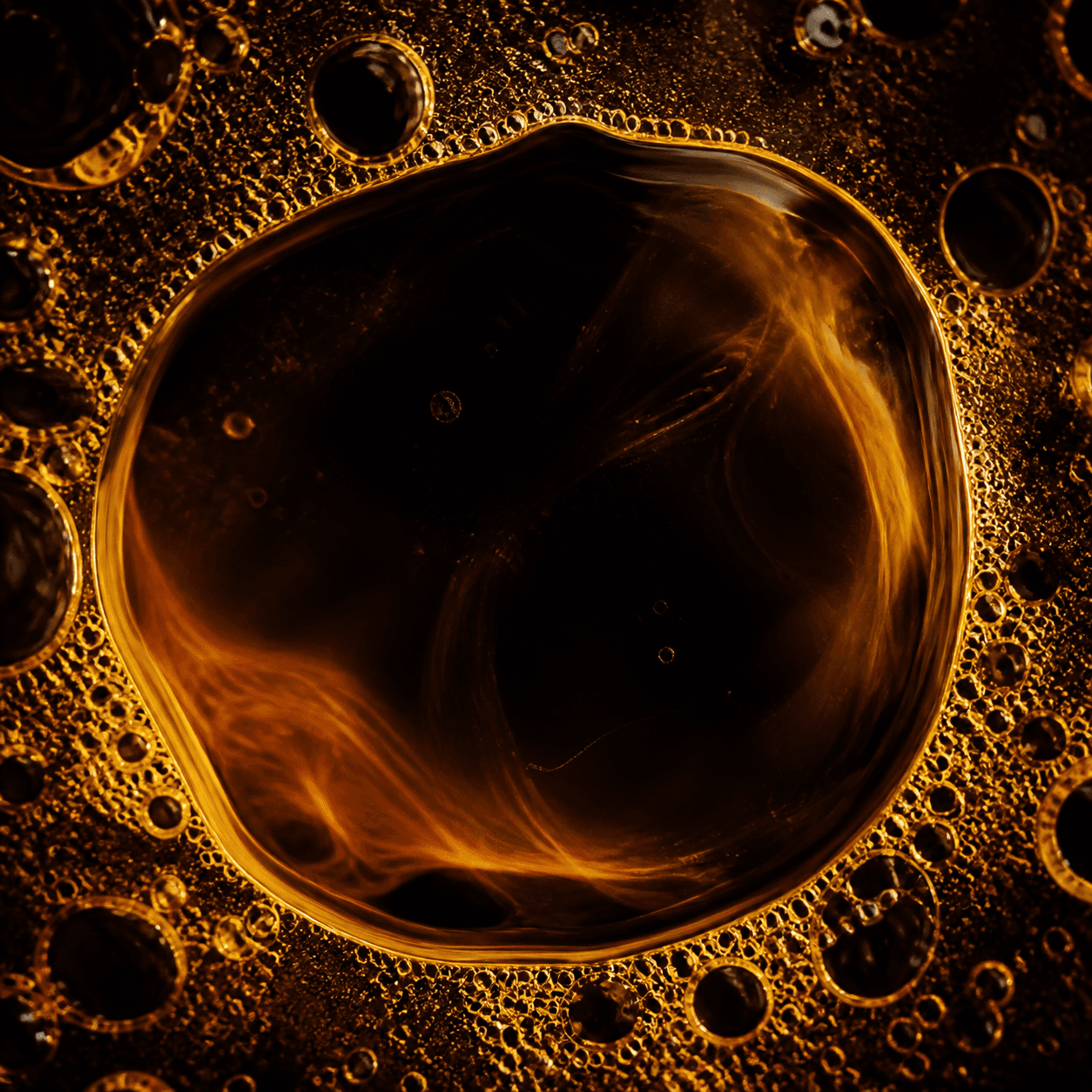 Deep amber black seed oil structures under magnification