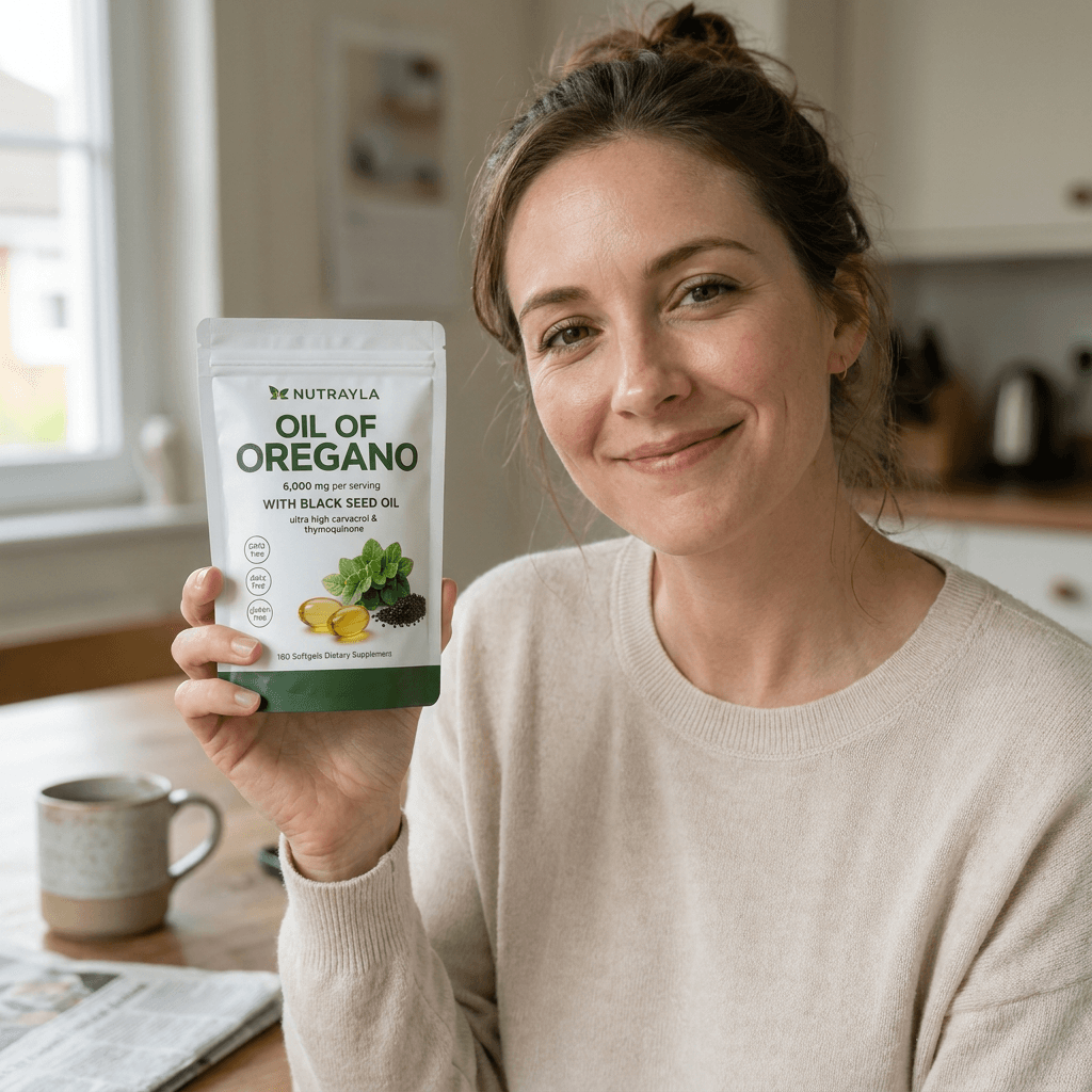 Woman holding a NUTRAYLA® oregano pouch at her kitchen table