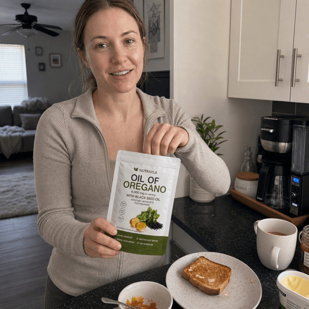 Looking to camera while showing a NUTRAYLA oregano pouch at breakfast