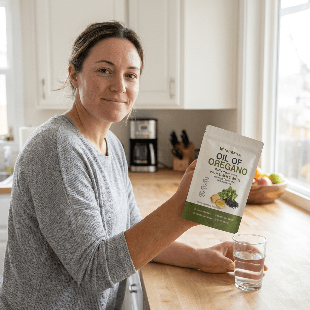 Holding a NUTRAYLA oregano pouch at the kitchen counter with a glass of water