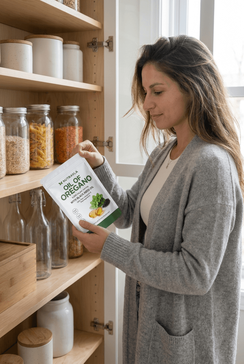Taking a NUTRAYLA oregano pouch from the kitchen pantry shelf