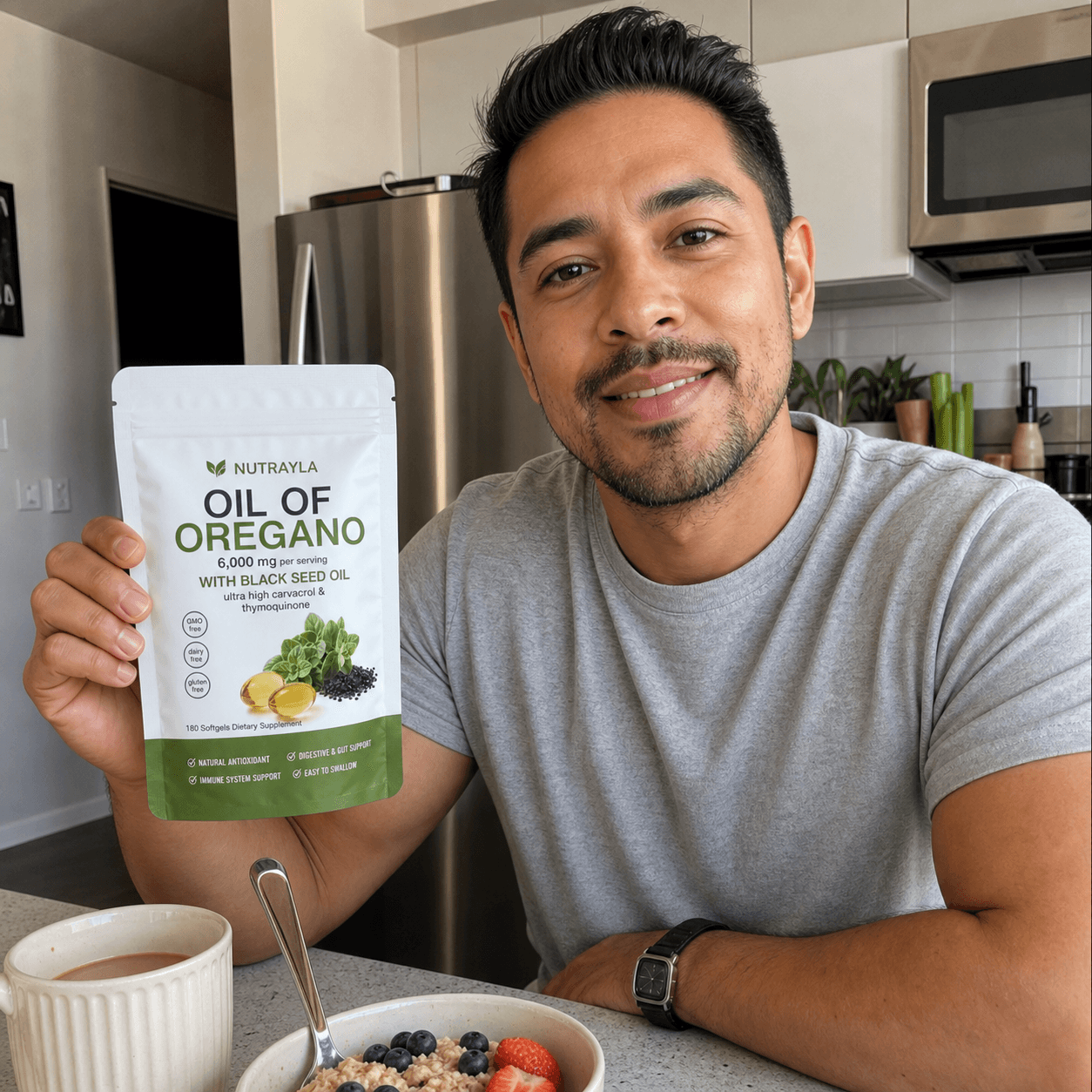 Man holding a NUTRAYLA oregano pouch during breakfast at home