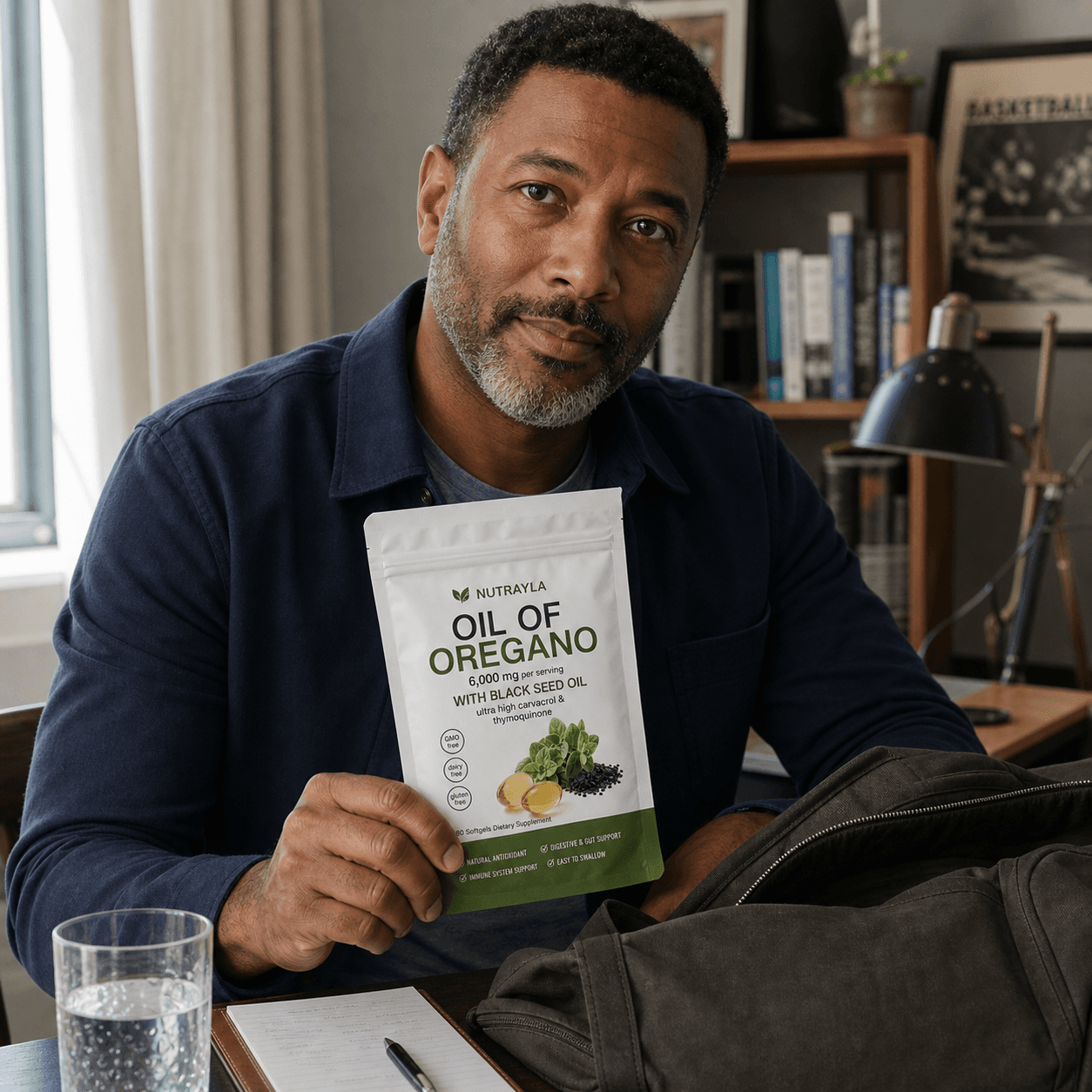 Man packing a NUTRAYLA oregano pouch into his work bag at home
