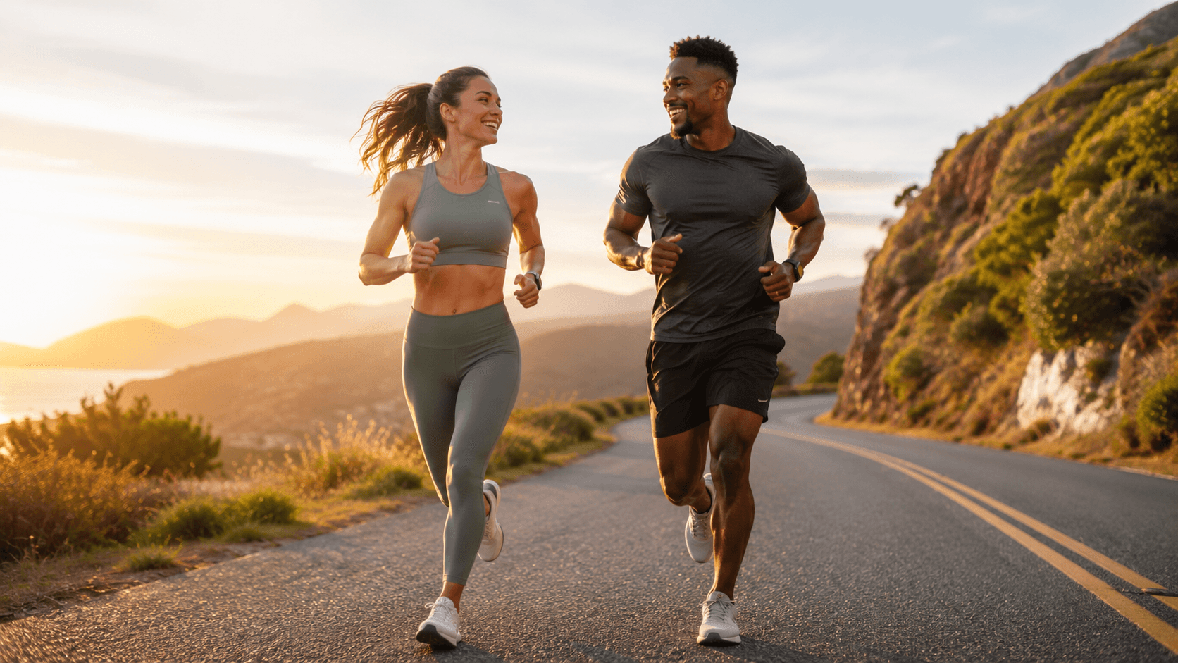 Two people enjoying an easy morning run outdoors